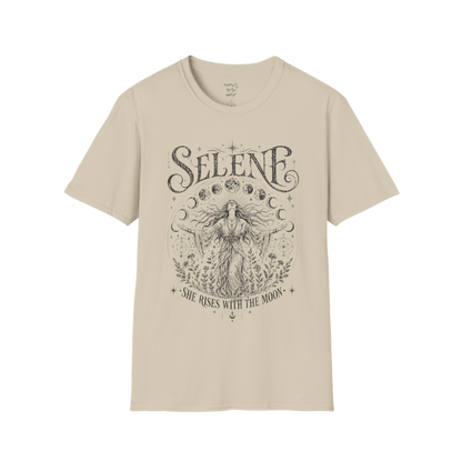 Sand Selene T-Shirt with mystical lunar goddess artwork in vintage dark ink, featuring moon phases, celestial symbols, and flowing ethereal detailing.