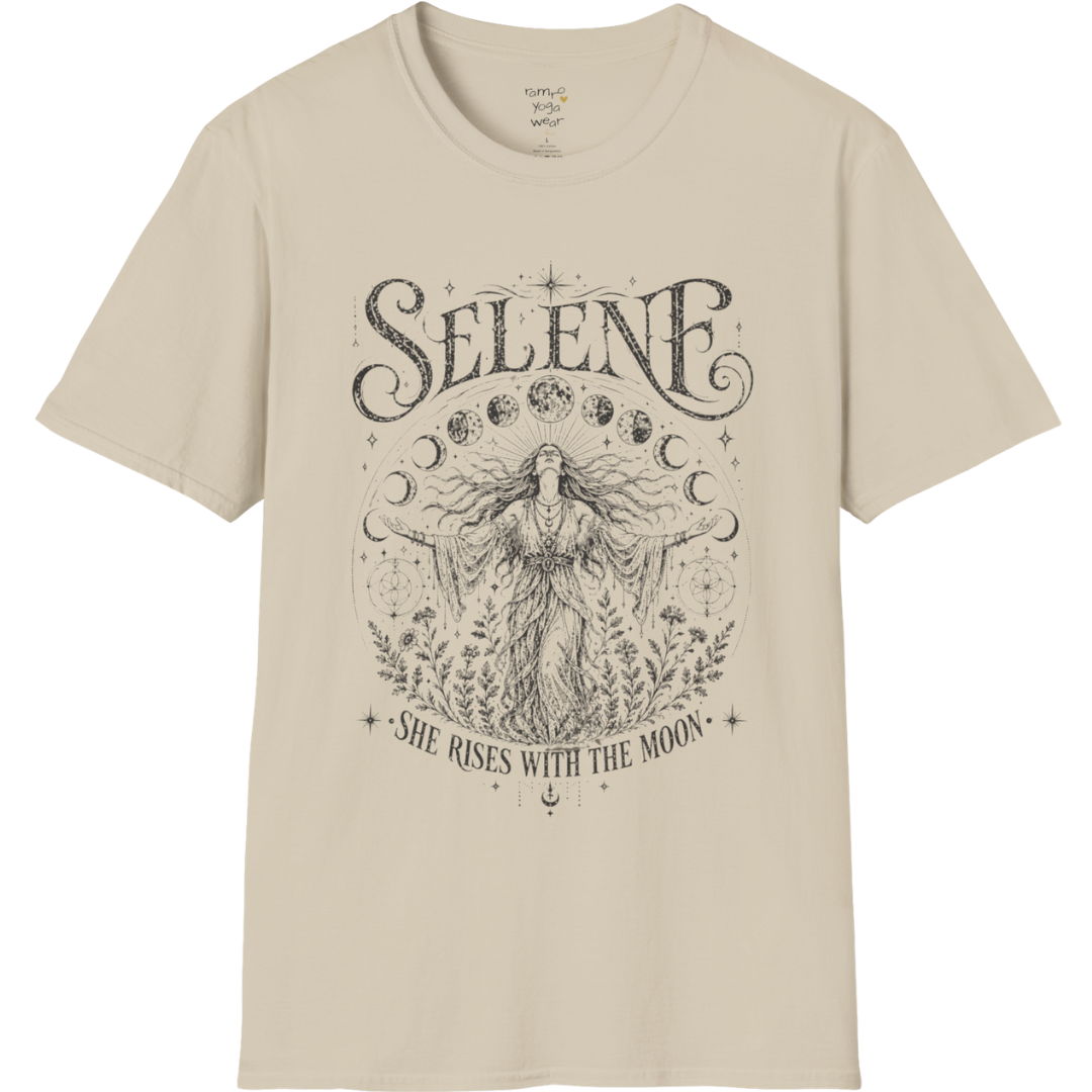Sand Selene T-Shirt with mystical lunar goddess artwork in vintage dark ink, featuring moon phases, celestial symbols, and flowing ethereal detailing.
