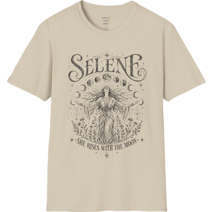 Sand Selene T-Shirt with mystical lunar goddess artwork in vintage dark ink, featuring moon phases, celestial symbols, and flowing ethereal detailing.