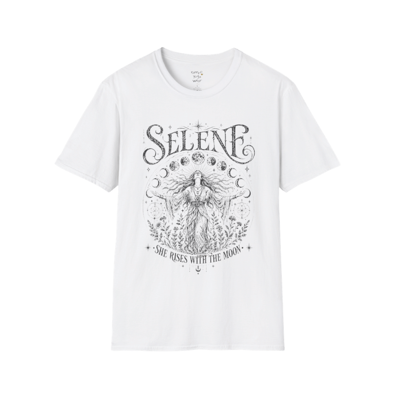 White Selene T-Shirt featuring detailed celestial moon goddess artwork inspired by Greek mythology with dark vintage engraving and lunar symbolism.