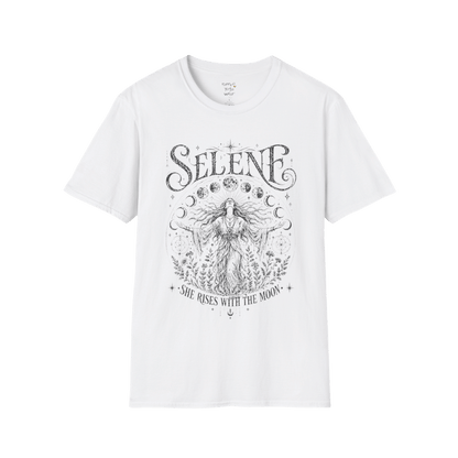 White Selene T-Shirt featuring detailed celestial moon goddess artwork inspired by Greek mythology with dark vintage engraving and lunar symbolism.