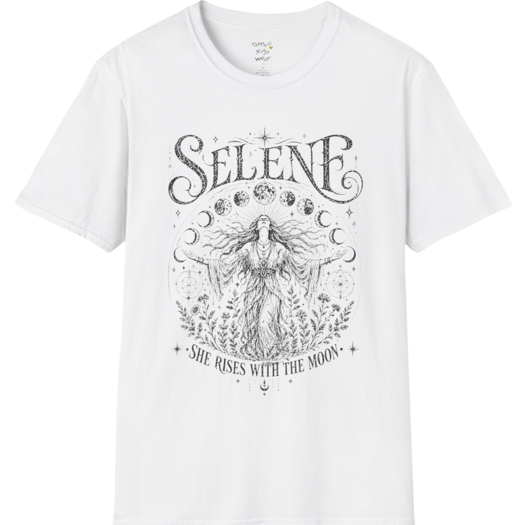 White Selene T-Shirt featuring detailed celestial moon goddess artwork inspired by Greek mythology with dark vintage engraving and lunar symbolism.