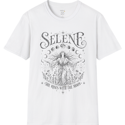 White Selene T-Shirt featuring detailed celestial moon goddess artwork inspired by Greek mythology with dark vintage engraving and lunar symbolism.