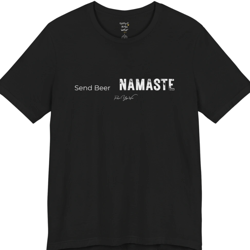 "Send Beer" in small script, followed by a  bold "NAMASTE" lettering. Send Beer T-Shirt flat lay is a Bella+Canvas 3001 and the color is Black.