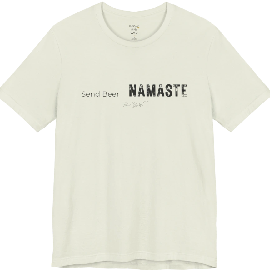 "Send Beer" in small script, followed by a  bold "NAMASTE" lettering. Send Beer T-Shirt flat lay is a Bella+Canvas 3001 and the color is Citron.