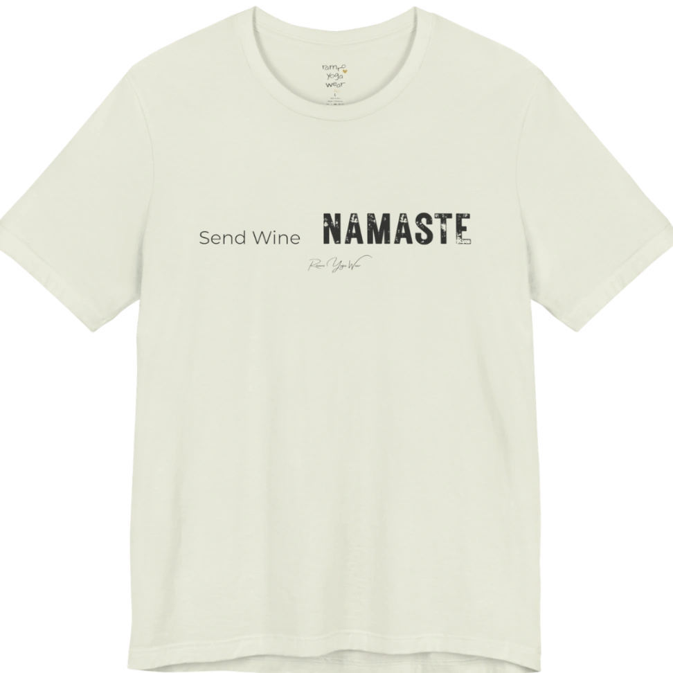 Send Wine T-Shirt flat lay — "Send Wine Namaste" typographic graphic tee by Ramro Yoga Wear in Citron