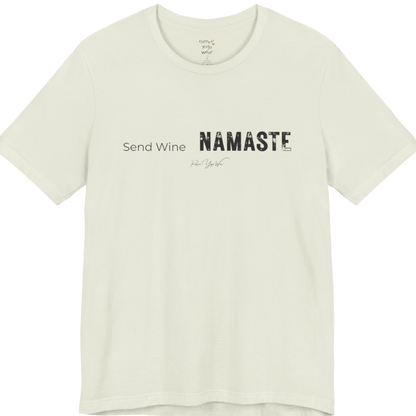 Send Wine T-Shirt flat lay — "Send Wine Namaste" typographic graphic tee by Ramro Yoga Wear in Citron