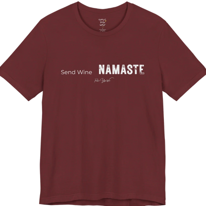 Send Wine T-Shirt flat lay — "Send Wine Namaste" typographic graphic tee by Ramro Yoga Wear in Heather Cardinal