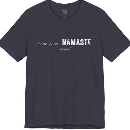 Send Wine T-Shirt flat lay — "Send Wine Namaste" typographic graphic tee by Ramro Yoga Wear in Heather Midnight Navy.