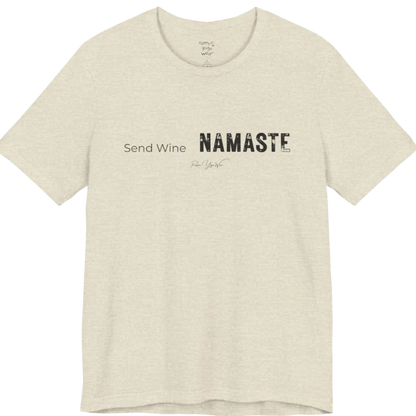 Send Wine T-Shirt flat lay — "Send Wine Namaste" typographic graphic tee by Ramro Yoga Wear in Heather Prism Natural