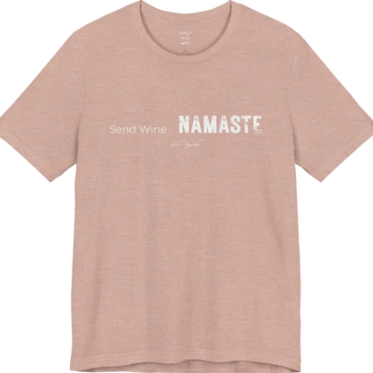 Send Wine T-Shirt flat lay — "Send Wine Namaste" typographic graphic tee by Ramro Yoga Wear in Heather Prism Peach
