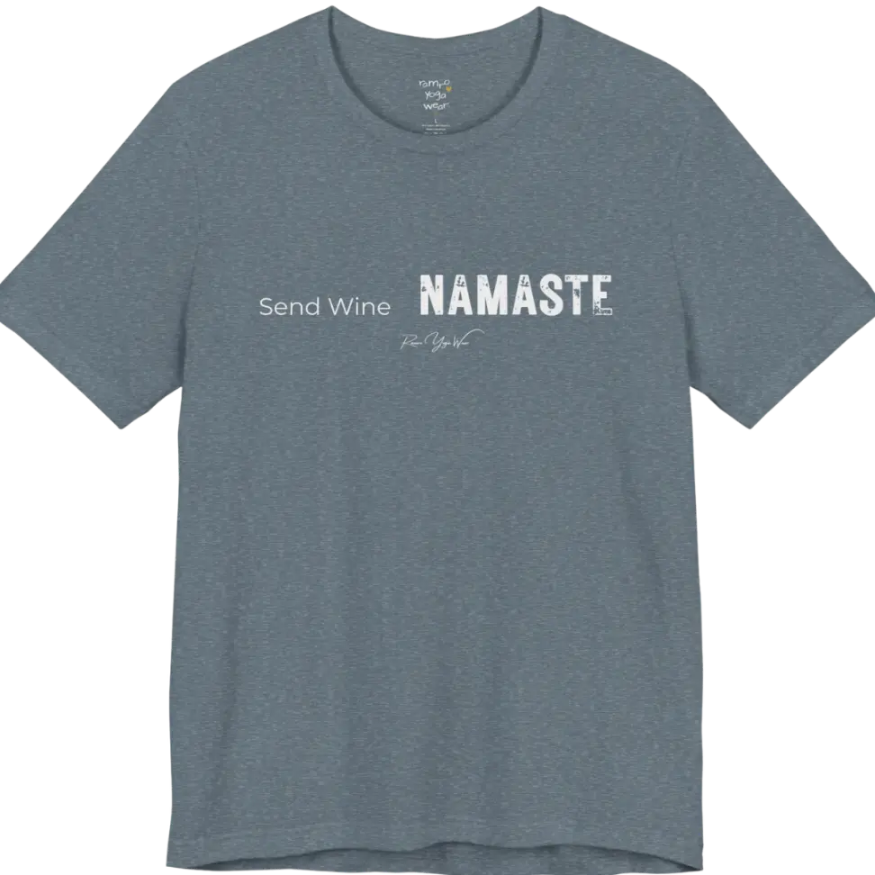 Send Wine T-Shirt flat lay — "Send Wine Namaste" typographic graphic tee by Ramro Yoga Wear in Heather Slate