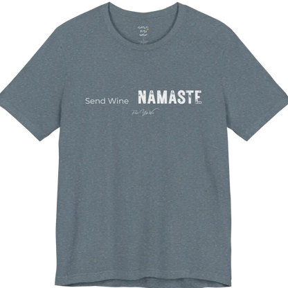 Send Wine T-Shirt flat lay — "Send Wine Namaste" typographic graphic tee by Ramro Yoga Wear in Heather Slate