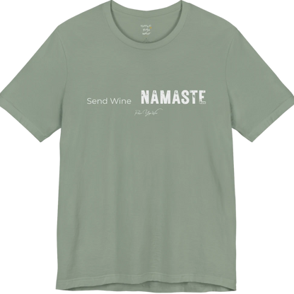 Send Wine T-Shirt flat lay — "Send Wine Namaste" typographic graphic tee by Ramro Yoga Wear in Sage