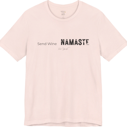 Send Wine T-Shirt flat lay — "Send Wine Namaste" typographic graphic tee by Ramro Yoga Wear in Soft Pink