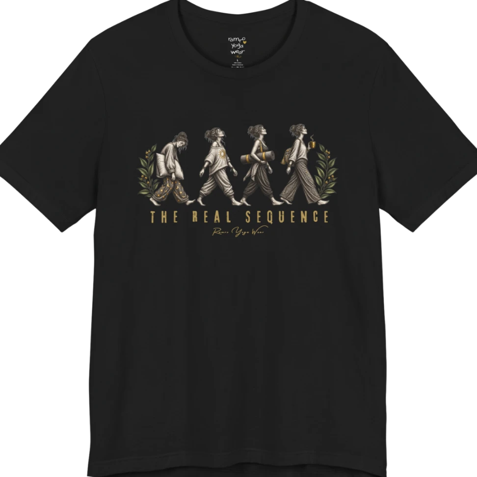 Four illustrated figures walking in sequence — pillow, sunburst top, rolled yoga mat, and coffee cup — framed by botanical leaf sprigs. Sequence T-Shirt flat lay is a Bella+Canvas 3001 and the color is Black.