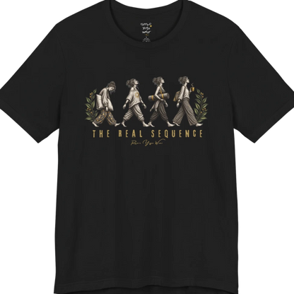 Four illustrated figures walking in sequence — pillow, sunburst top, rolled yoga mat, and coffee cup — framed by botanical leaf sprigs. Sequence T-Shirt flat lay is a Bella+Canvas 3001 and the color is Black.