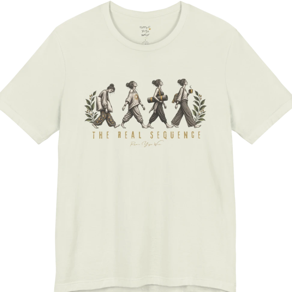 Four illustrated figures walking in sequence — pillow, sunburst top, rolled yoga mat, and coffee cup — framed by botanical leaf sprigs. Sequence T-Shirt flat lay is a Bella+Canvas 3001 and the color is Citron.