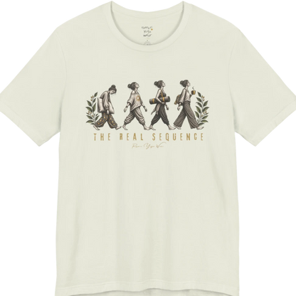 Four illustrated figures walking in sequence — pillow, sunburst top, rolled yoga mat, and coffee cup — framed by botanical leaf sprigs. Sequence T-Shirt flat lay is a Bella+Canvas 3001 and the color is Citron.
