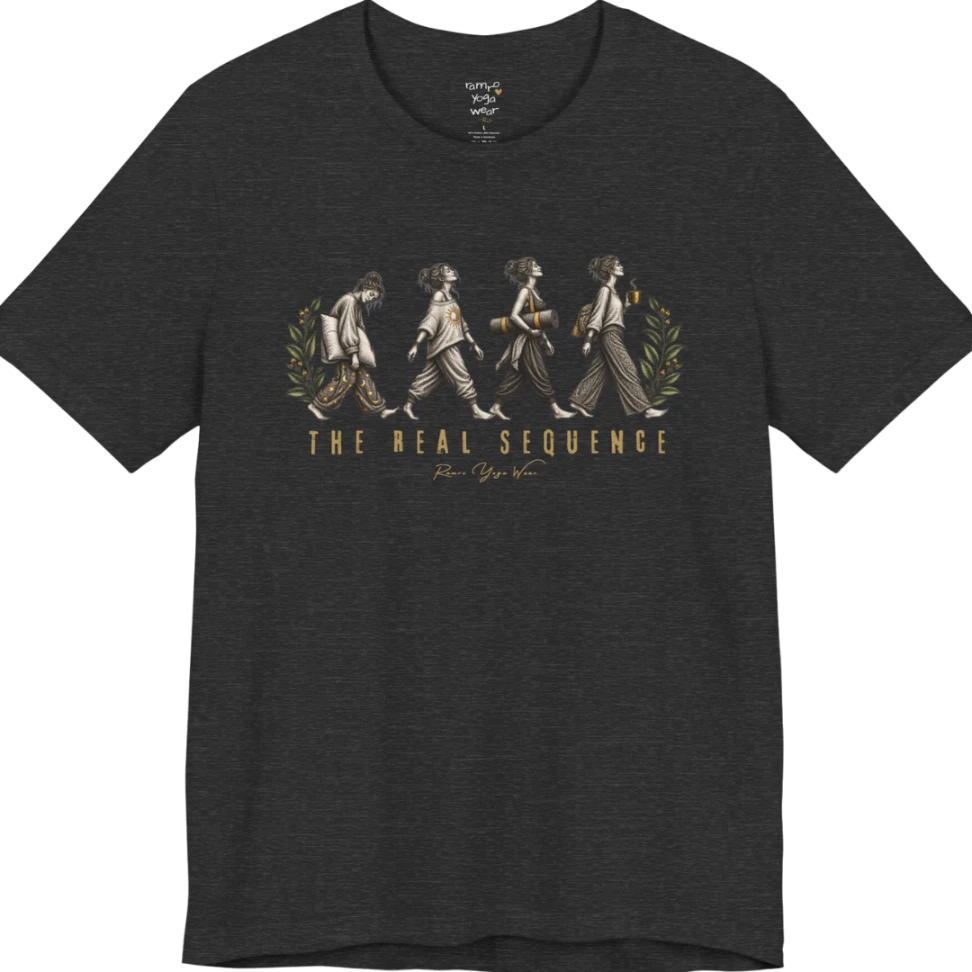 Four illustrated figures walking in sequence — pillow, sunburst top, rolled yoga mat, and coffee cup — framed by botanical leaf sprigs. Sequence T-Shirt flat lay is a Bella+Canvas 3001 and the color is Dark Grey Heather.