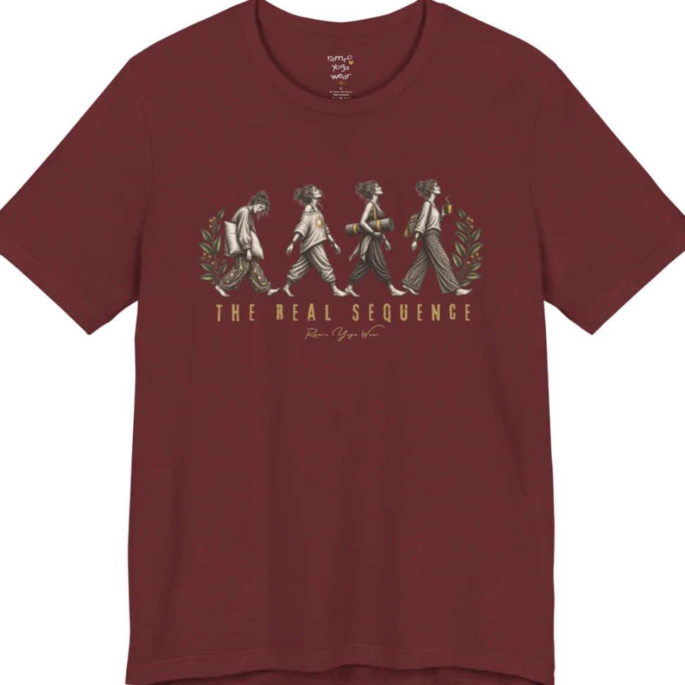 Four illustrated figures walking in sequence — pillow, sunburst top, rolled yoga mat, and coffee cup — framed by botanical leaf sprigs. Sequence T-Shirt flat lay is a Bella+Canvas 3001 and the color is Heather Cardinal.