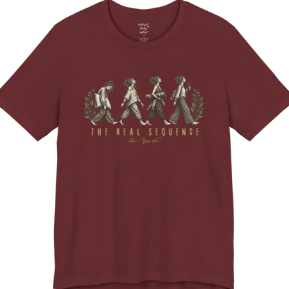 Four illustrated figures walking in sequence — pillow, sunburst top, rolled yoga mat, and coffee cup — framed by botanical leaf sprigs. Sequence T-Shirt flat lay is a Bella+Canvas 3001 and the color is Heather Cardinal.