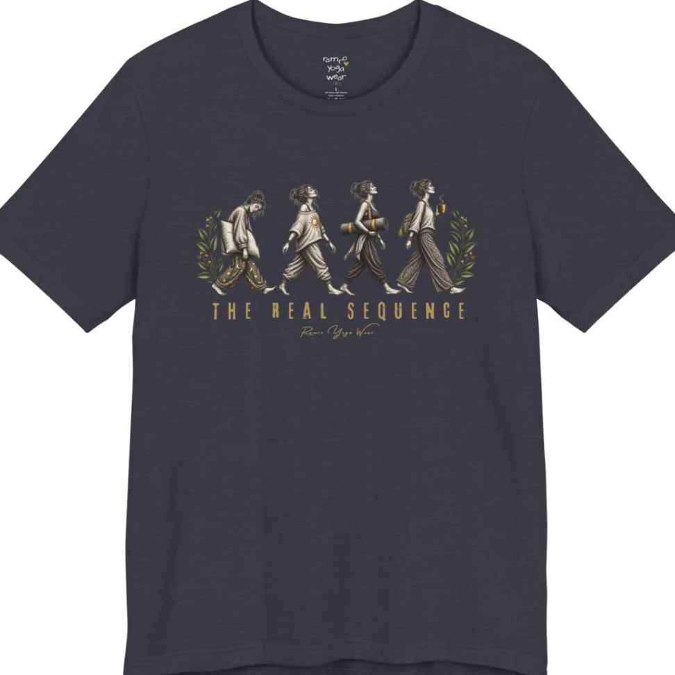 Four illustrated figures walking in sequence — pillow, sunburst top, rolled yoga mat, and coffee cup — framed by botanical leaf sprigs. Sequence T-Shirt flat lay is a Bella+Canvas 3001 and the color is Heather Midnight Navy.