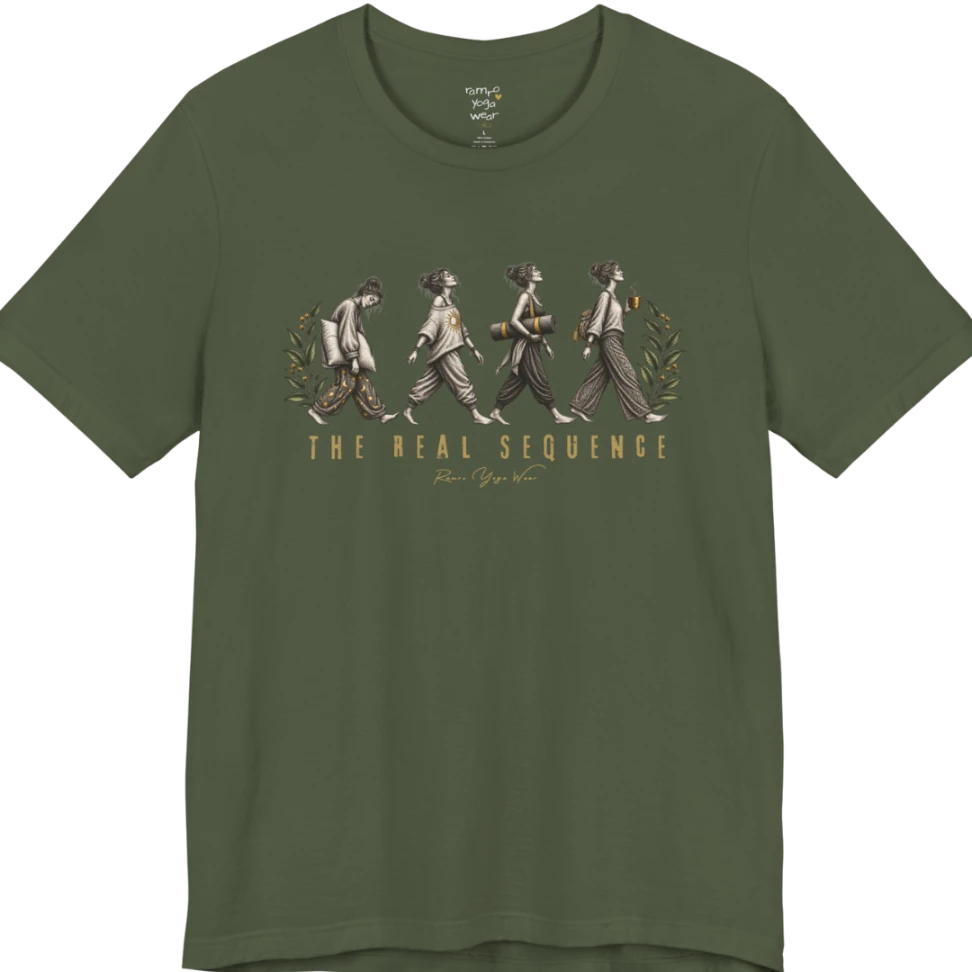 Four illustrated figures walking in sequence — pillow, sunburst top, rolled yoga mat, and coffee cup — framed by botanical leaf sprigs. Sequence T-Shirt flat lay is a Bella+Canvas 3001 and the color is Military Green.