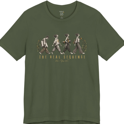Four illustrated figures walking in sequence — pillow, sunburst top, rolled yoga mat, and coffee cup — framed by botanical leaf sprigs. Sequence T-Shirt flat lay is a Bella+Canvas 3001 and the color is Military Green.