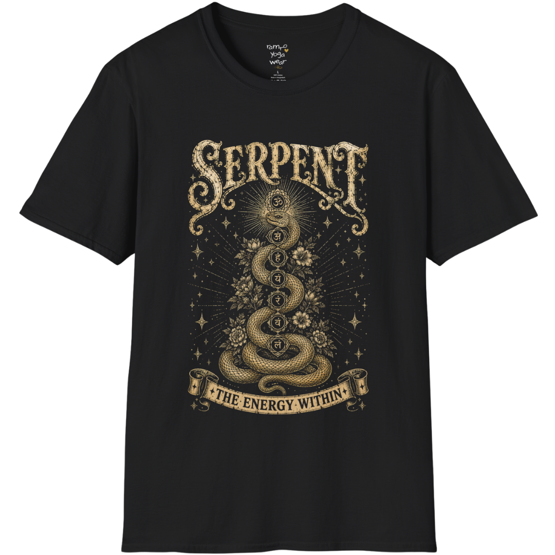 Black Serpent T-Shirt featuring a vintage mystical gold serpent design with chakra-inspired energy symbols and celestial detailing. Spiritual yoga streetwear with a bold earthy aesthetic.