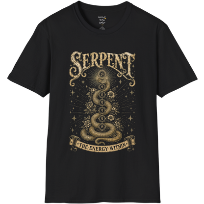 Black Serpent T-Shirt featuring a vintage mystical gold serpent design with chakra-inspired energy symbols and celestial detailing. Spiritual yoga streetwear with a bold earthy aesthetic.