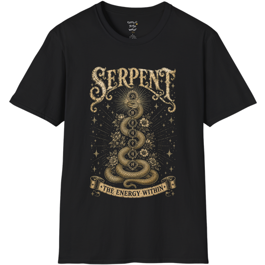 Black Serpent T-Shirt featuring a vintage mystical gold serpent design with chakra-inspired energy symbols and celestial detailing. Spiritual yoga streetwear with a bold earthy aesthetic.