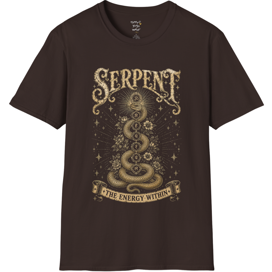 Dark Chocolate Serpent T-Shirt with distressed golden serpent artwork inspired by kundalini energy, chakras, and transformation. Vintage spiritual yoga tee with mystical detailing.