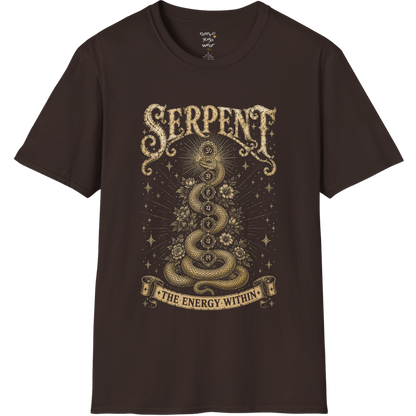 Dark Chocolate Serpent T-Shirt with distressed golden serpent artwork inspired by kundalini energy, chakras, and transformation. Vintage spiritual yoga tee with mystical detailing.