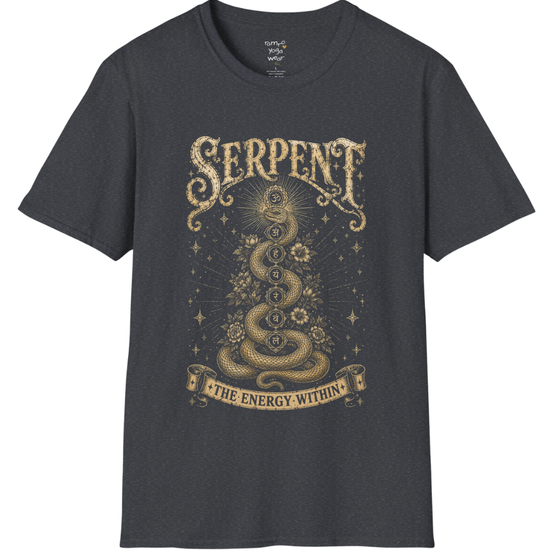 Dark Heather Grey Serpent T-Shirt featuring a celestial serpent illustration in rich vintage gold tones. Chakra-inspired yoga streetwear with an earthy spiritual vibe.