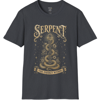 Dark Heather Grey Serpent T-Shirt featuring a celestial serpent illustration in rich vintage gold tones. Chakra-inspired yoga streetwear with an earthy spiritual vibe.