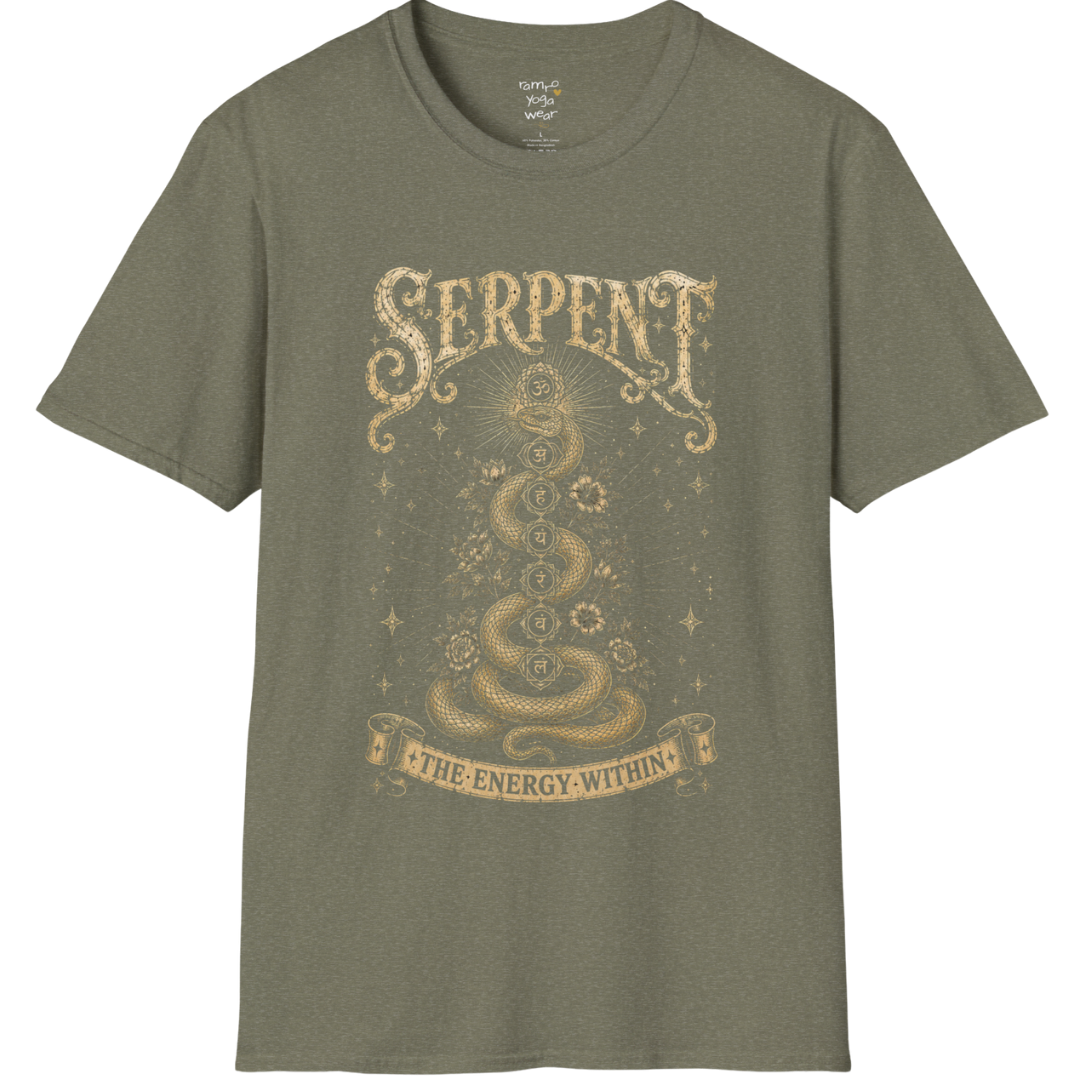 Heather Military Green Serpent T-Shirt with mystical serpent artwork symbolizing awakening, transformation, and inner energy. Vintage-inspired spiritual yoga graphic tee