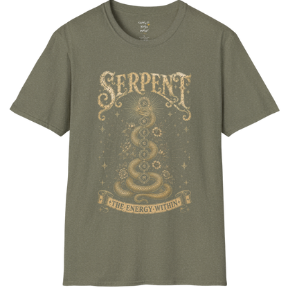 Heather Military Green Serpent T-Shirt with mystical serpent artwork symbolizing awakening, transformation, and inner energy. Vintage-inspired spiritual yoga graphic tee