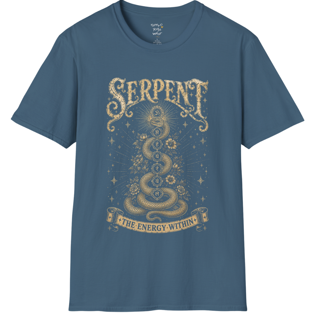 Indigo Blue Serpent T-Shirt featuring distressed gold serpent artwork with chakra and celestial influences. Soulful yoga lifestyle tee with a mystical vintage aesthetic.