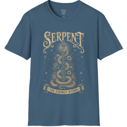 Indigo Blue Serpent T-Shirt featuring distressed gold serpent artwork with chakra and celestial influences. Soulful yoga lifestyle tee with a mystical vintage aesthetic.