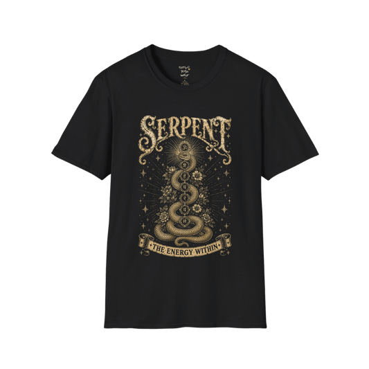 Black Serpent T-Shirt featuring a vintage mystical gold serpent design with chakra-inspired energy symbols and celestial detailing. Spiritual yoga streetwear with a bold earthy aesthetic.