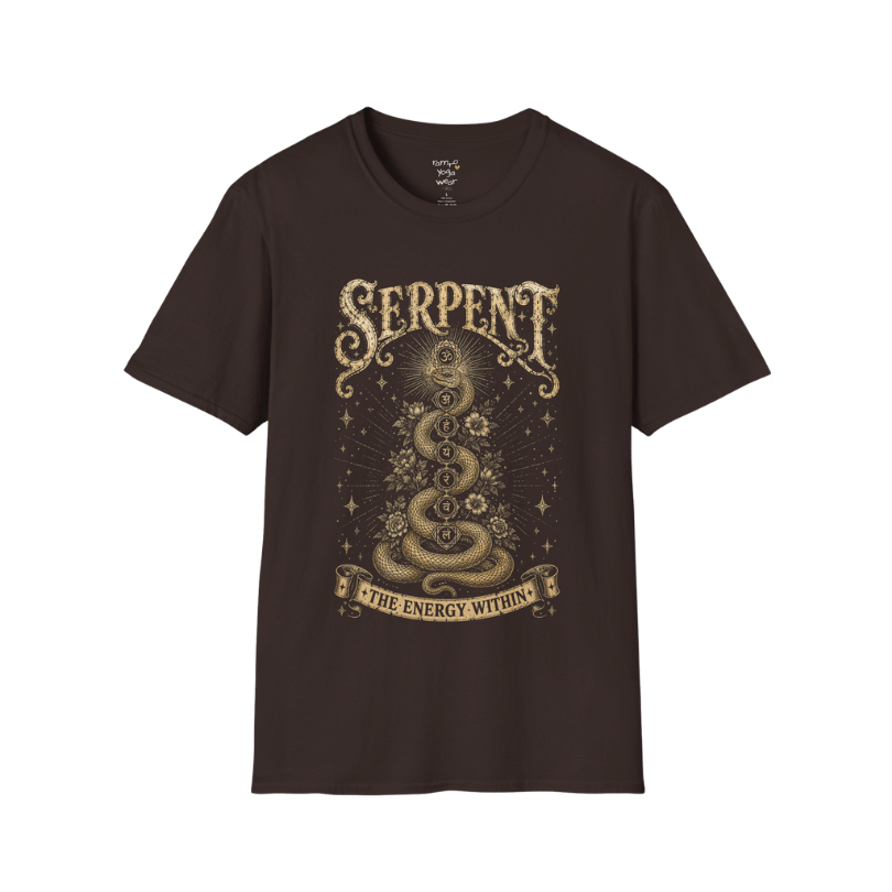Dark Chocolate Serpent T-Shirt with distressed golden serpent artwork inspired by kundalini energy, chakras, and transformation. Vintage spiritual yoga tee with mystical detailing.
