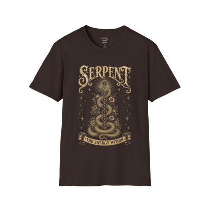 Dark Chocolate Serpent T-Shirt with distressed golden serpent artwork inspired by kundalini energy, chakras, and transformation. Vintage spiritual yoga tee with mystical detailing.