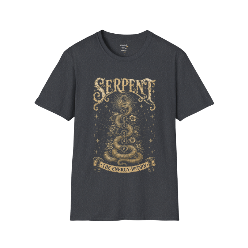 Dark Heather Grey Serpent T-Shirt featuring a celestial serpent illustration in rich vintage gold tones. Chakra-inspired yoga streetwear with an earthy spiritual vibe.
