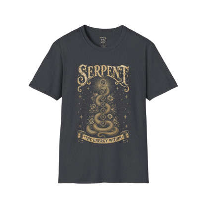 Dark Heather Grey Serpent T-Shirt featuring a celestial serpent illustration in rich vintage gold tones. Chakra-inspired yoga streetwear with an earthy spiritual vibe.