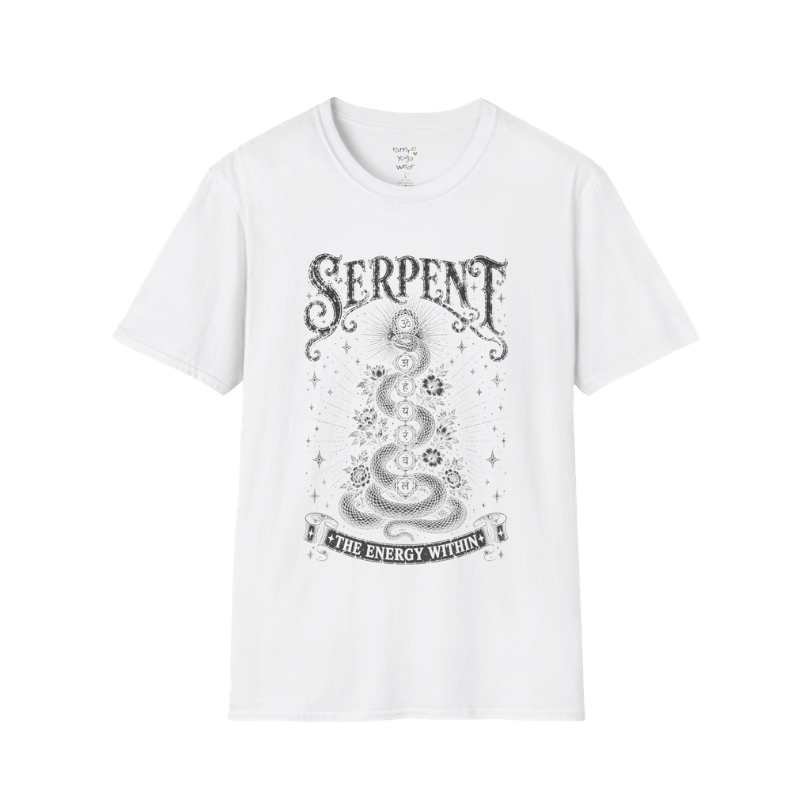 White Serpent T-Shirt featuring a detailed mystical serpent illustration inspired by chakra energy, rebirth, and transformation. Spiritual yoga lifestyle tee with vintage styling.