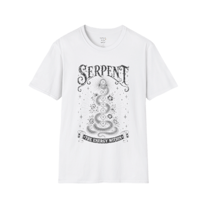 White Serpent T-Shirt featuring a detailed mystical serpent illustration inspired by chakra energy, rebirth, and transformation. Spiritual yoga lifestyle tee with vintage styling.