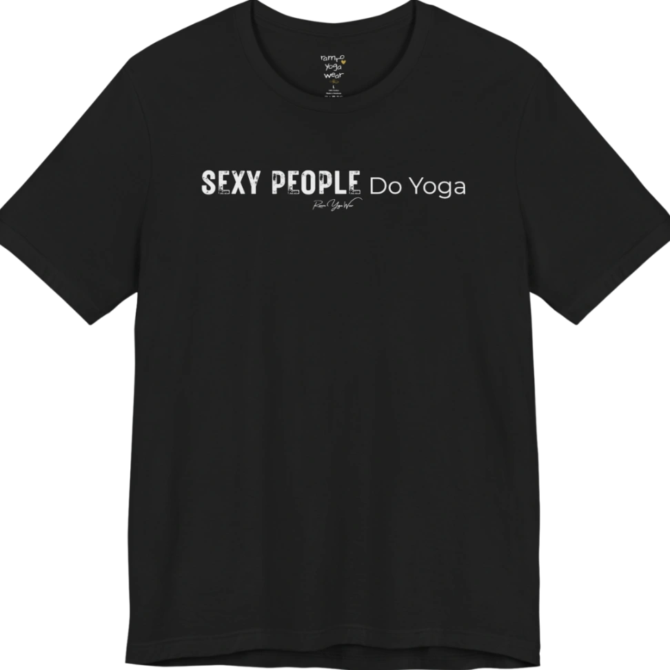A short sleeved tee called the Sexy T-Shirt, flat lay and a soft cotton shirt. Simply says, Sexy People Do Yoga. Design highlights bold distressed block lettering for Sexy People beside lighter thin lettering for Do Yoga, with a small script signature underneath. Color is Black.