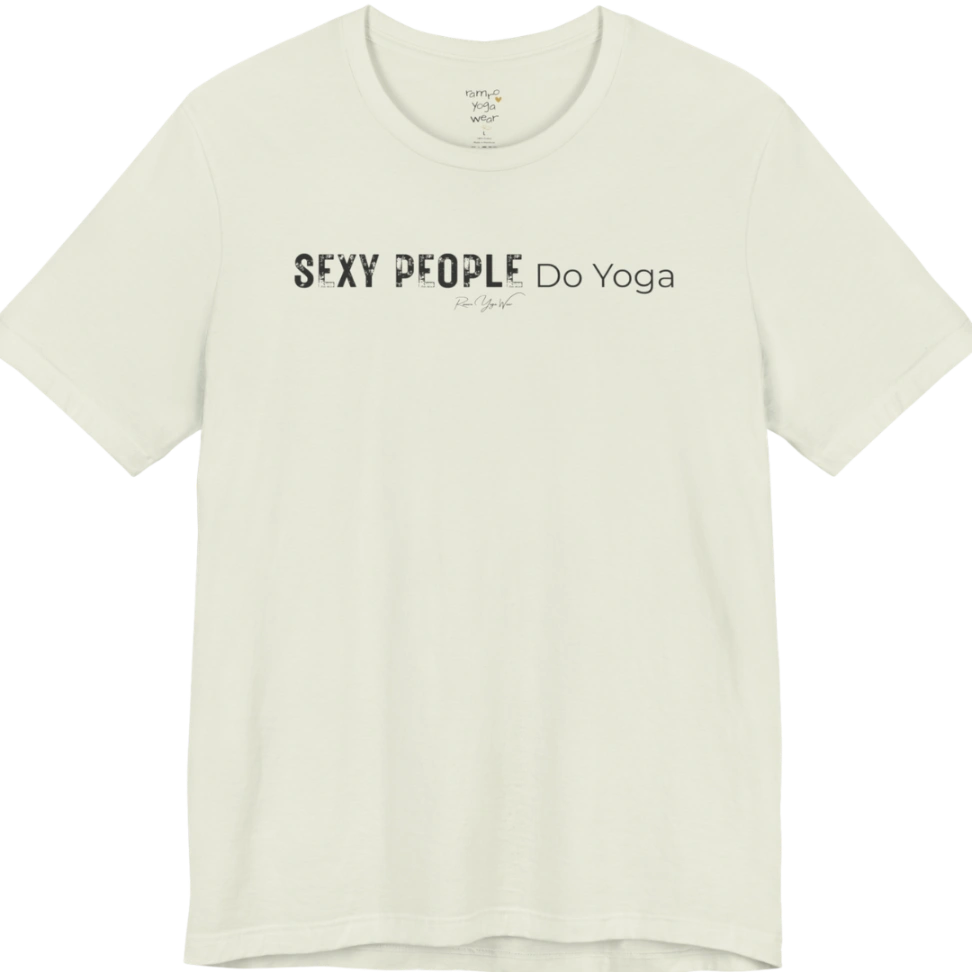 A short sleeved tee called the Sexy T-Shirt, flat lay and a soft cotton shirt. Simply says, Sexy People Do Yoga. Design highlights bold distressed block lettering for Sexy People beside lighter thin lettering for Do Yoga, with a small script signature underneath. Color is Citron.