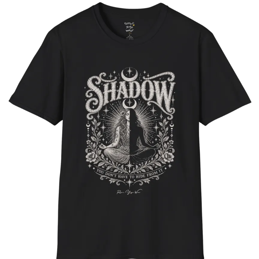 Shadow T-Shirt, short sleeved, flat lay with a seated figure split into light and dark halves beneath a crescent moon — vintage engraved graphic tee by Ramro Yoga Wear in Black.